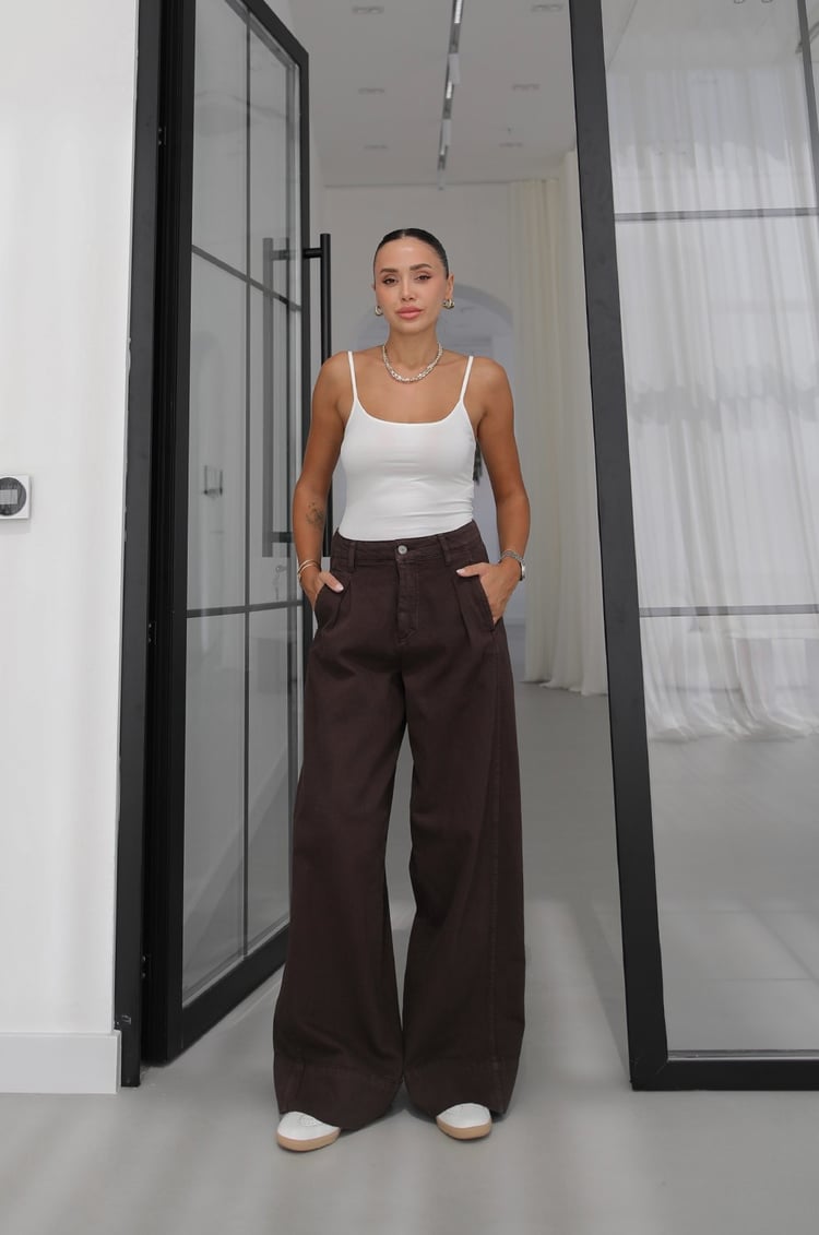 Acı Kahve Önü Tek Pileli Wide Leg Jean