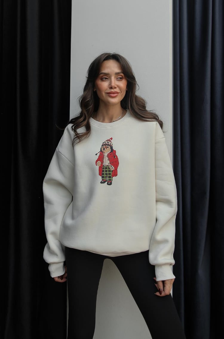 Açık Bej Pijamalı Teddy Baskılı Sweatshirt