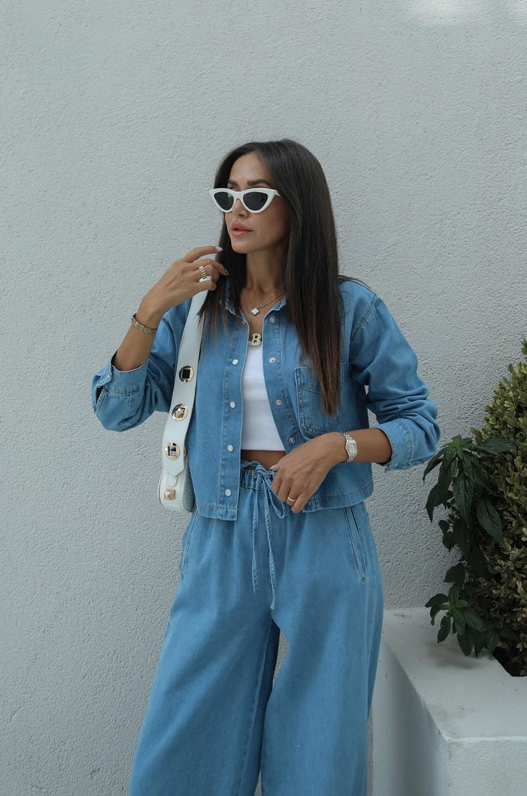 Açık Mavi Denim Gömlek Pantolon Takım