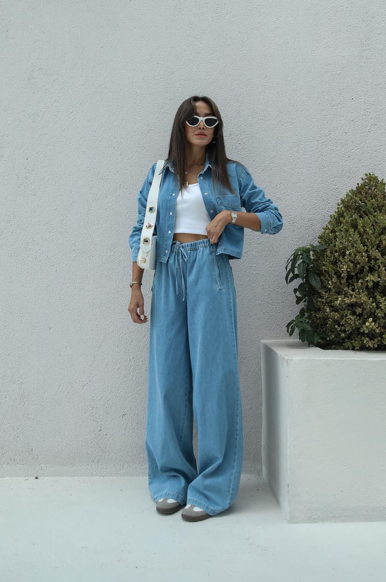 Açık Mavi Denim Gömlek Pantolon Takım
