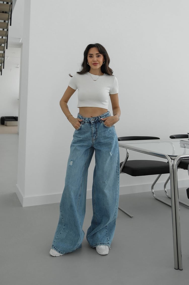 Açık Mavi Puddle Effect Geniş Paça Jean