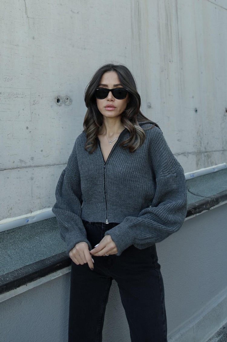 Antrasit Selanik Fermuarlı Hırka