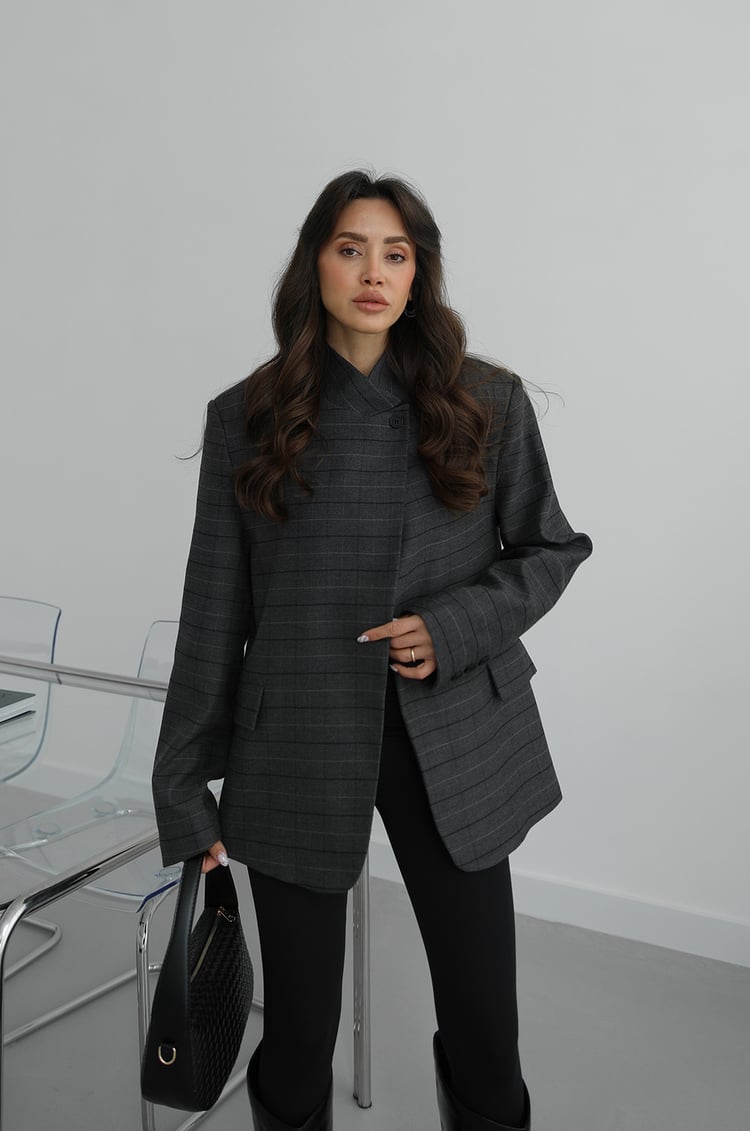 Antrasit Tek Düğme Ekose Blazer Ceket