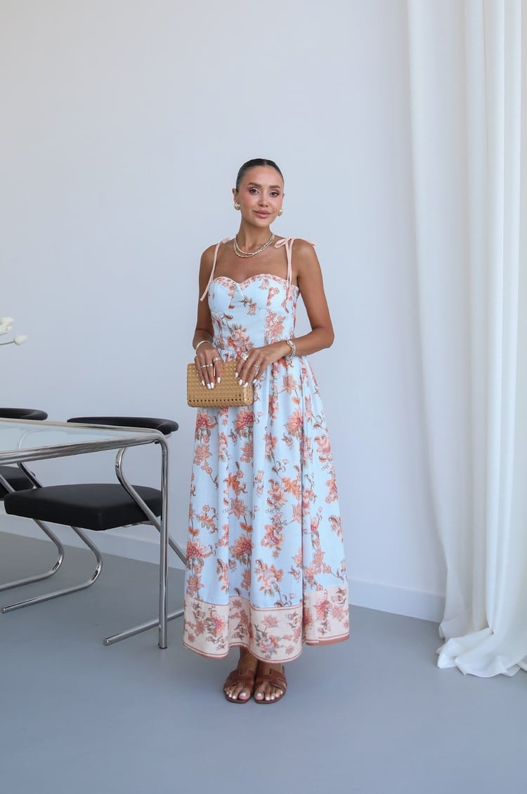 Bebe Mavisi Flora Çiçek Desenli Midi Elbise