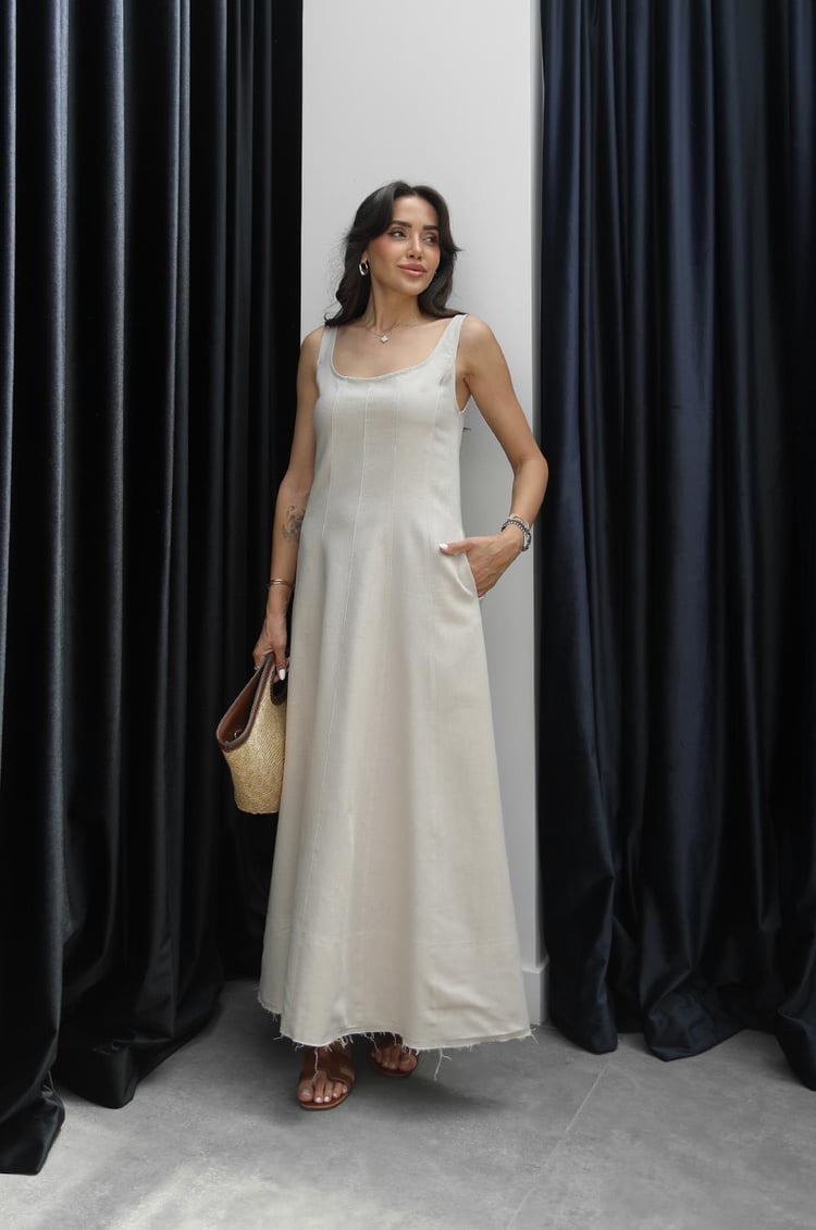 Bej Askılı Maxi Boy Keten Elbise