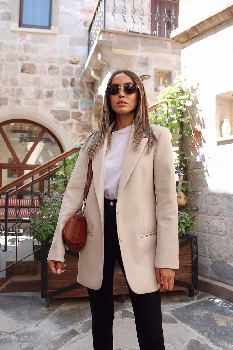 Bej Blazer Deri Ceket