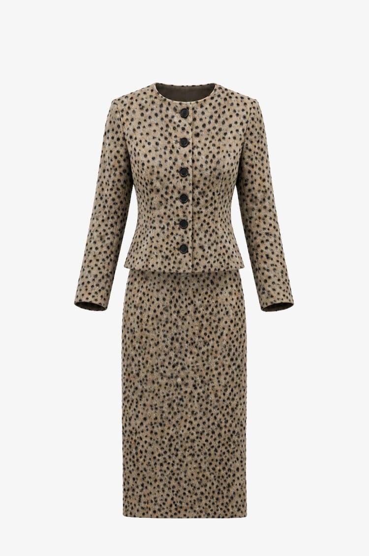 Bej Deer Print Etek Ceket Takım