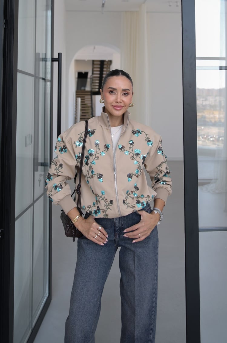 Bej Frida Payet Nakışlı Bomber Ceket