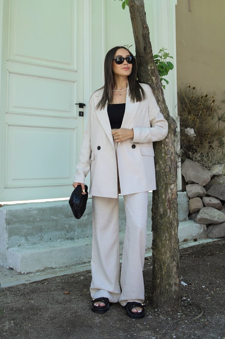 Bej Keten Pantolon Blazer Takım
