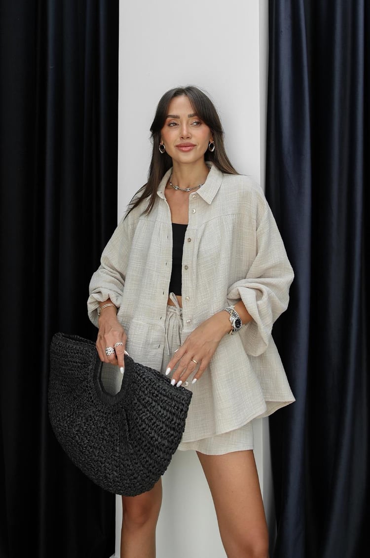 Bej Platt Gömlek Şort Müslin Takım