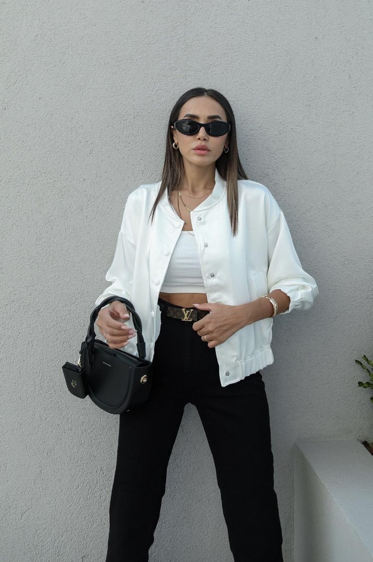 Beyaz Saten Bomber Ceket