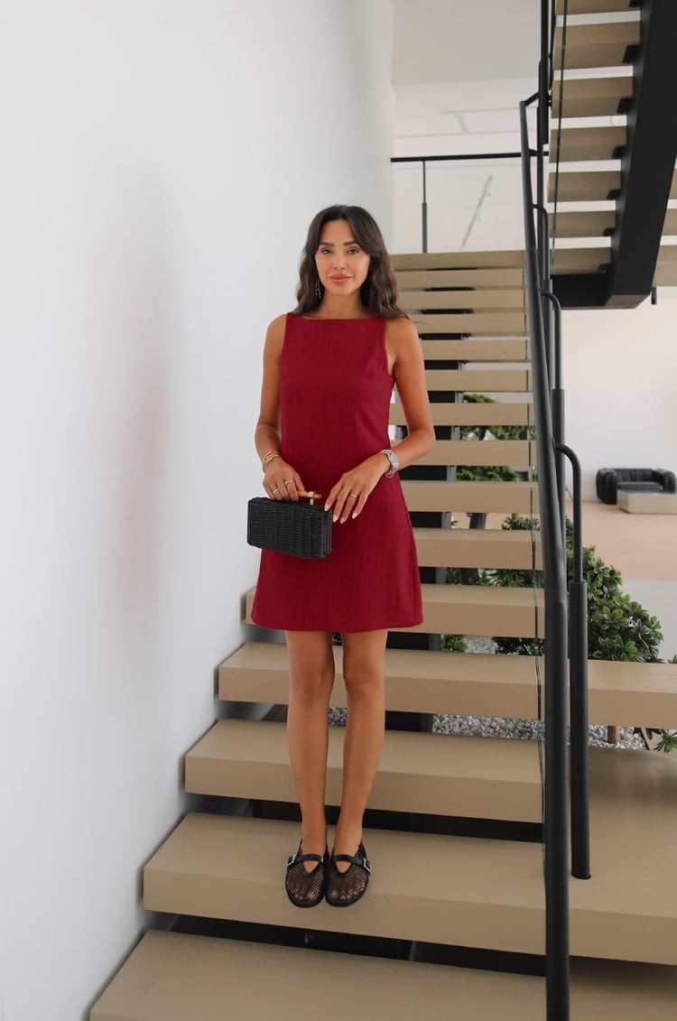 Bordo Antoryum Keten Elbise