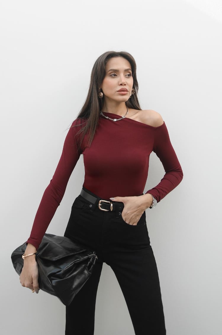 Bordo Asimetrik Yaka Bluz