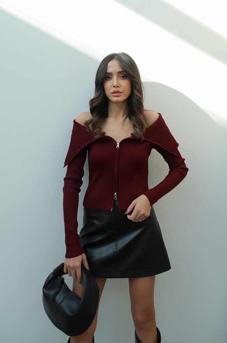 Bordo Çift Fermuarlı Geniş Yaka Hırka