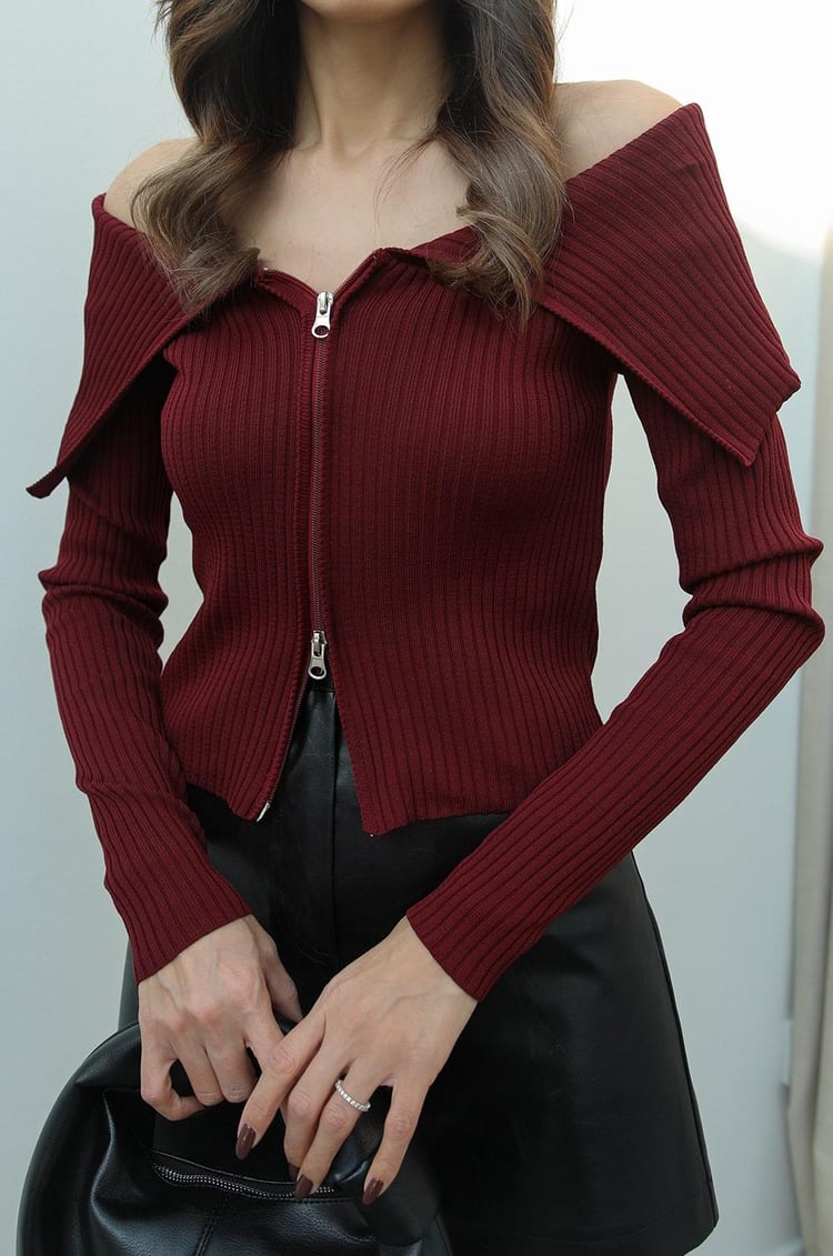 Bordo Çift Fermuarlı Geniş Yaka Hırka