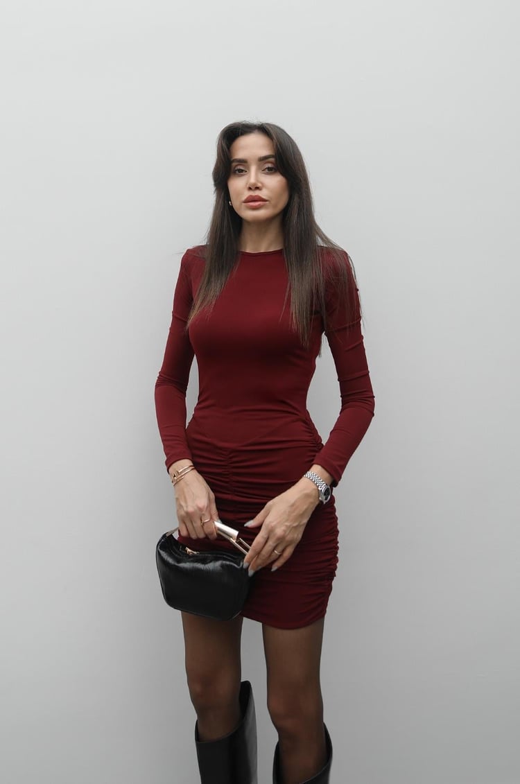 Bordo Eliza Drapeli Vatkalı Elbise
