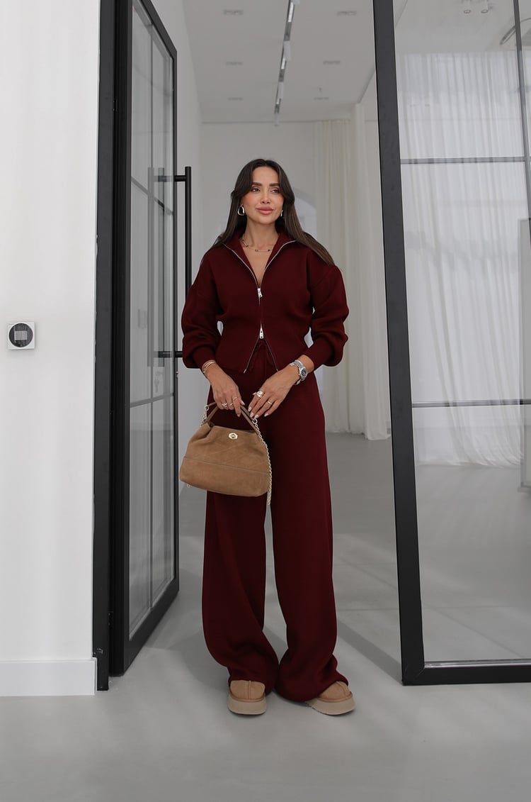 Bordo Çift Fermuarlı Hırka Pantolon Triko Takım