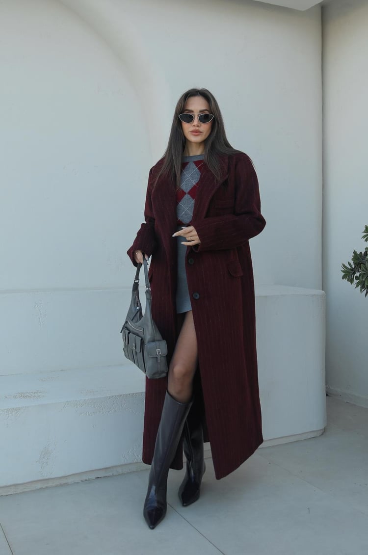 Bordo Frisco Çizgili Kaşe Kaban