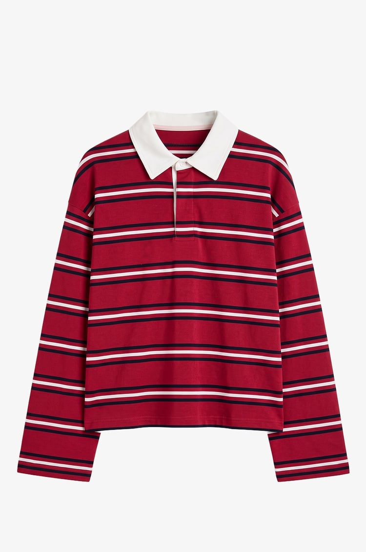 Bordo Gömlek Yakalı Çizgili İnce Sweatshirt