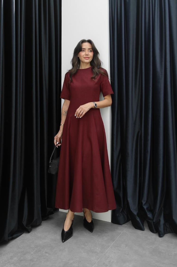 Bordo Keten Maxi Boy Elbise