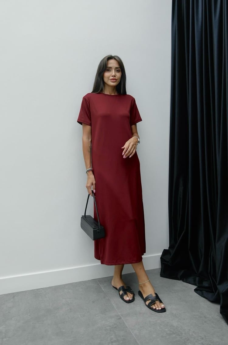 Bordo Melina Yırtmaçlı Elbise
