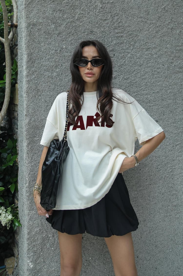 Bordo Paris Baskılı Krem Tişört