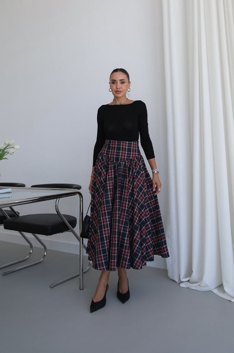 Bordo Pileli Ekoseli Maxi Etek