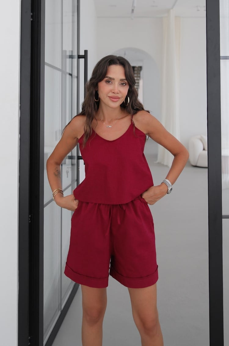 Bordo Riley Askılı Bluz Şort Keten Takım
