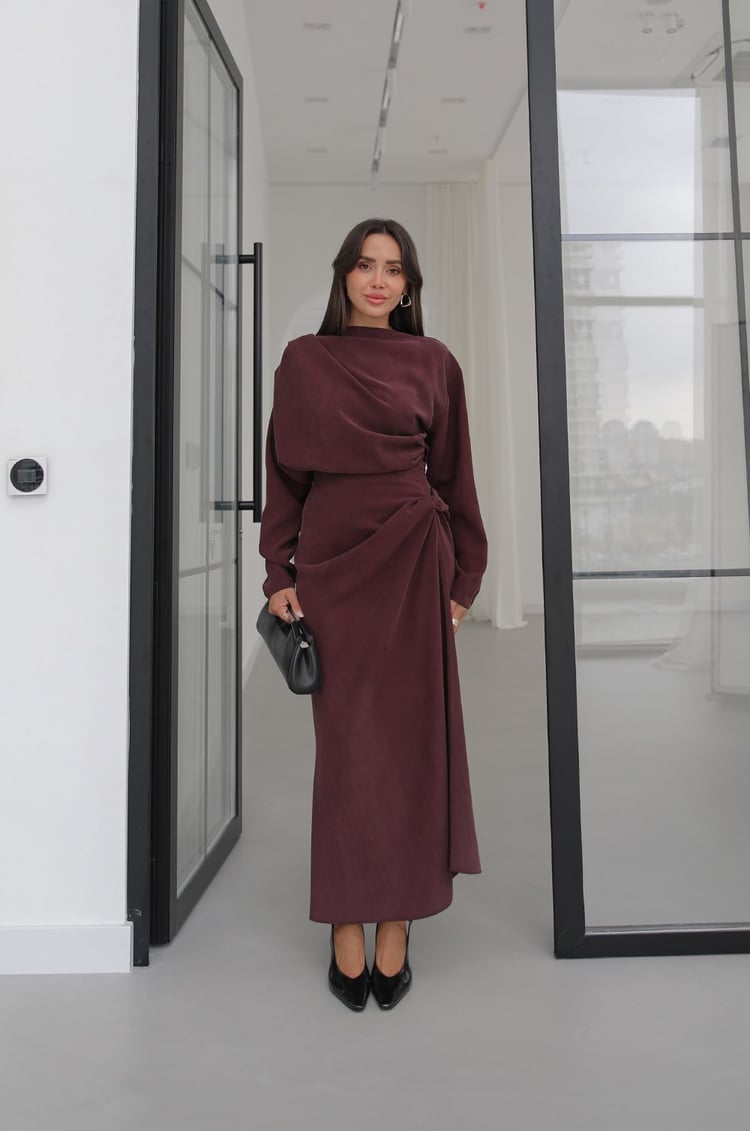 Bordo Shirred Asimetrik Bluz Etek Takım