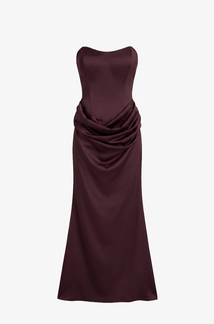 Bordo Vesper Drape Detaylı Straplez Elbise