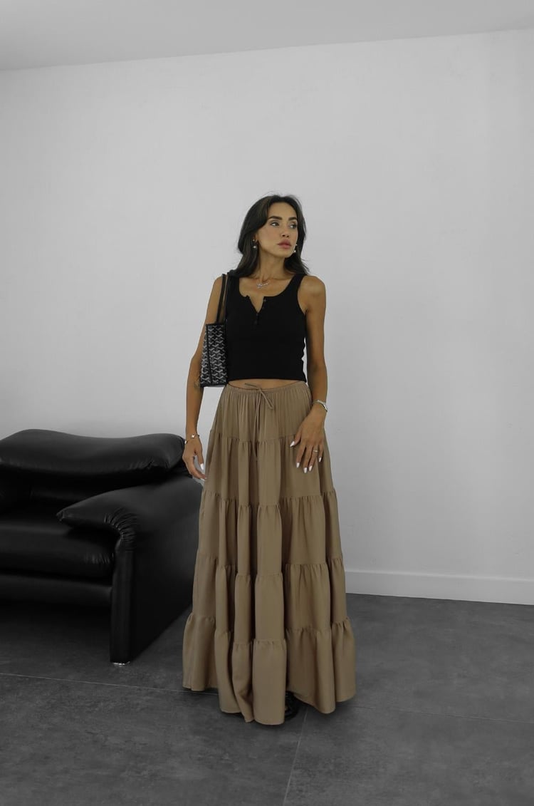 Camel Katlı Uzun Etek