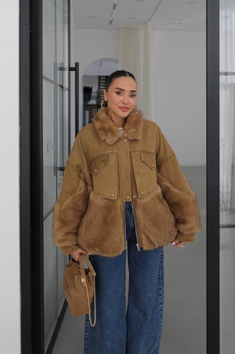 Camel Peluş Kürk Garnili Denim Mont
