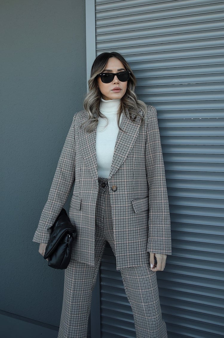 Ekose Desenli İspanyol Pantolon Blazer Premium Takım