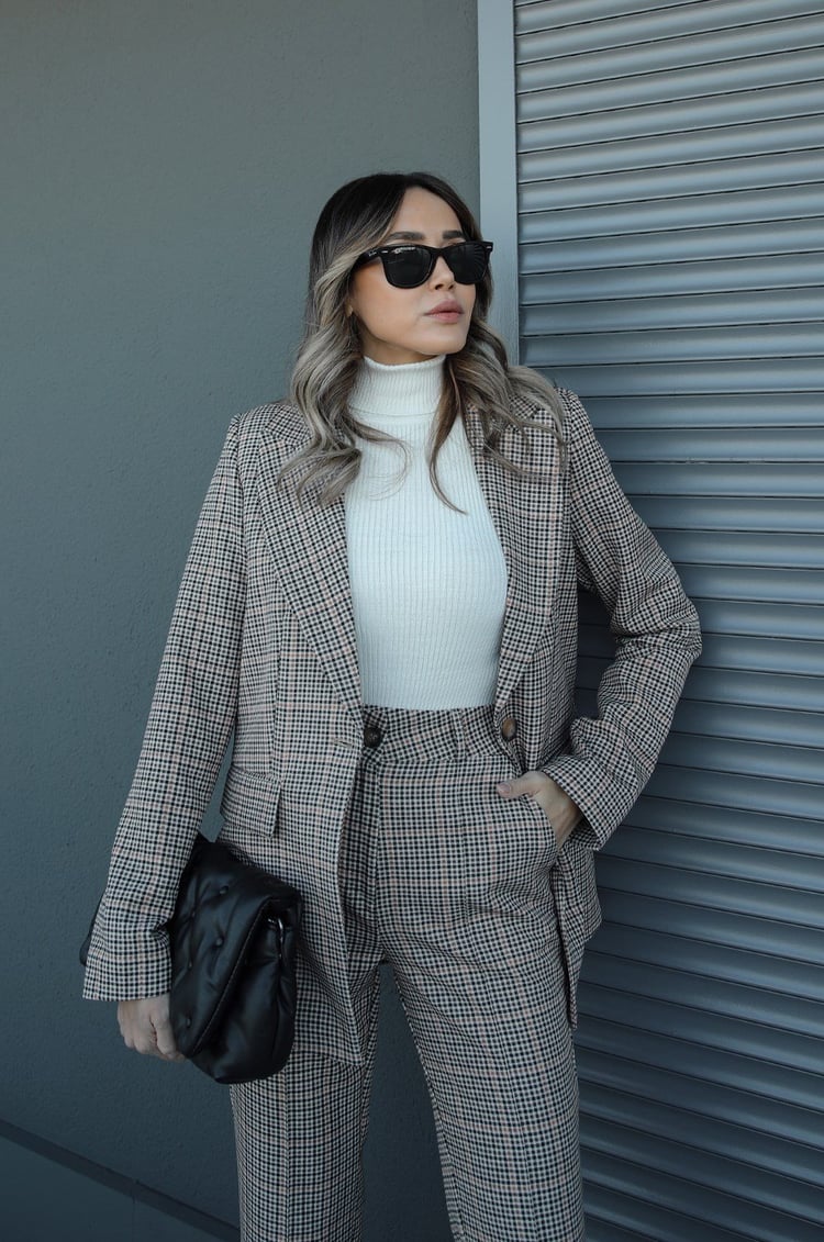 Ekose Desenli İspanyol Pantolon Blazer Premium Takım