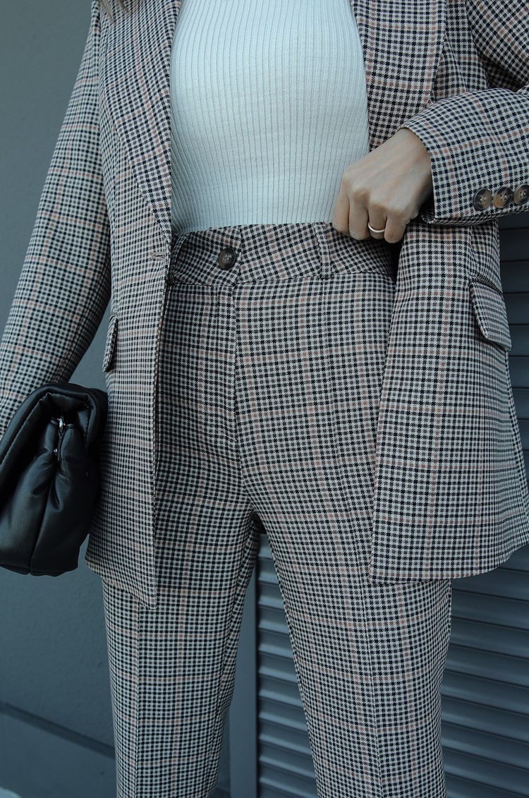 Ekose Desenli İspanyol Pantolon Blazer Premium Takım