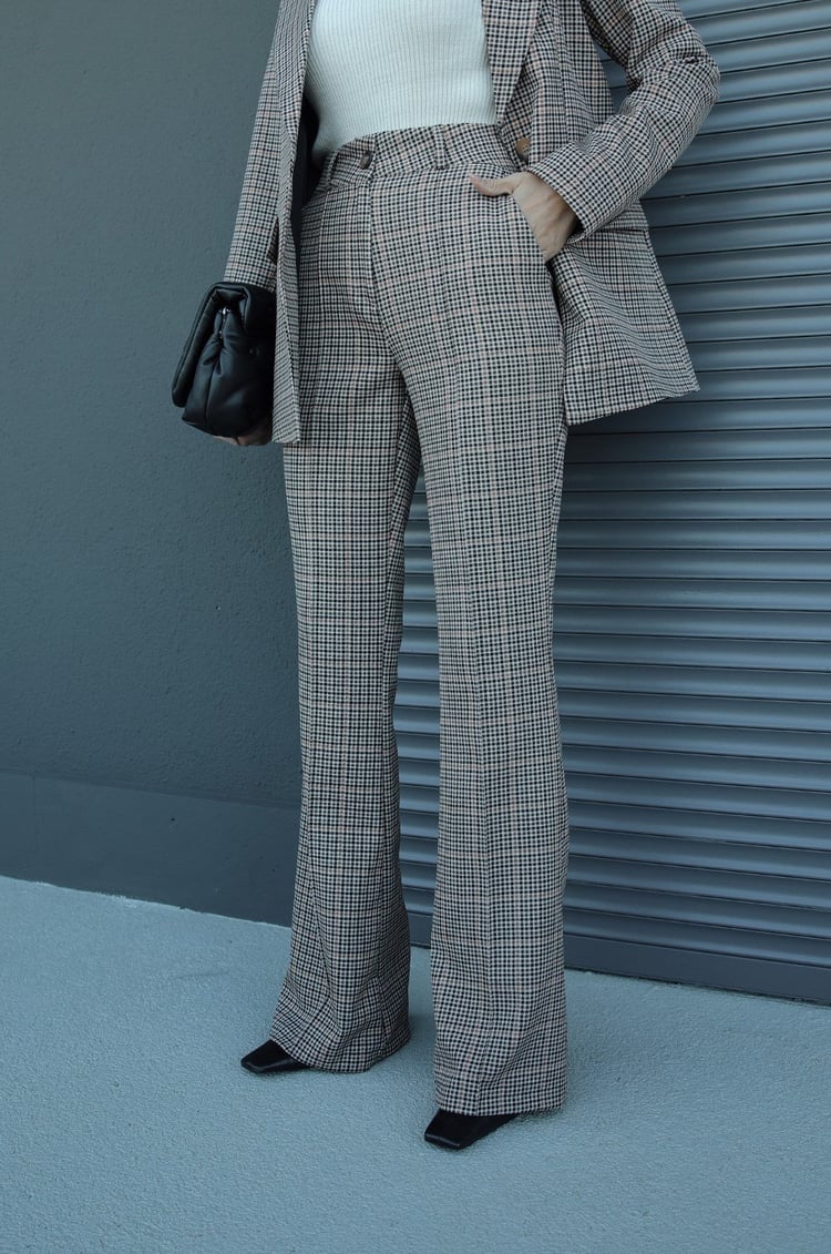 Ekose Desenli İspanyol Pantolon Blazer Premium Takım