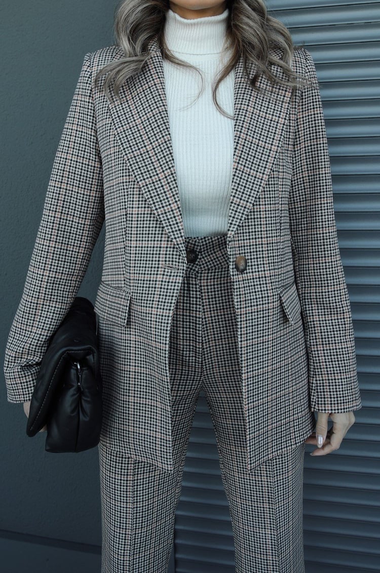 Ekose Desenli İspanyol Pantolon Blazer Premium Takım