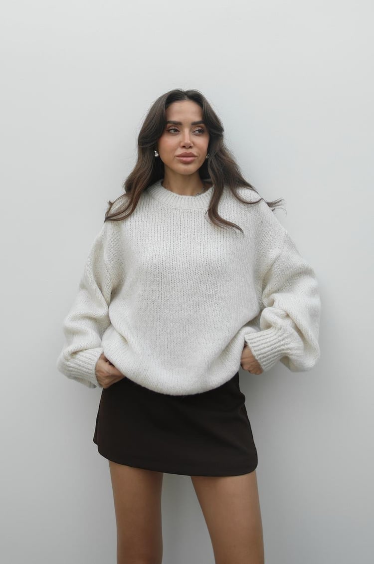 Ekru Balon Kol Bisiklet Yaka Kazak