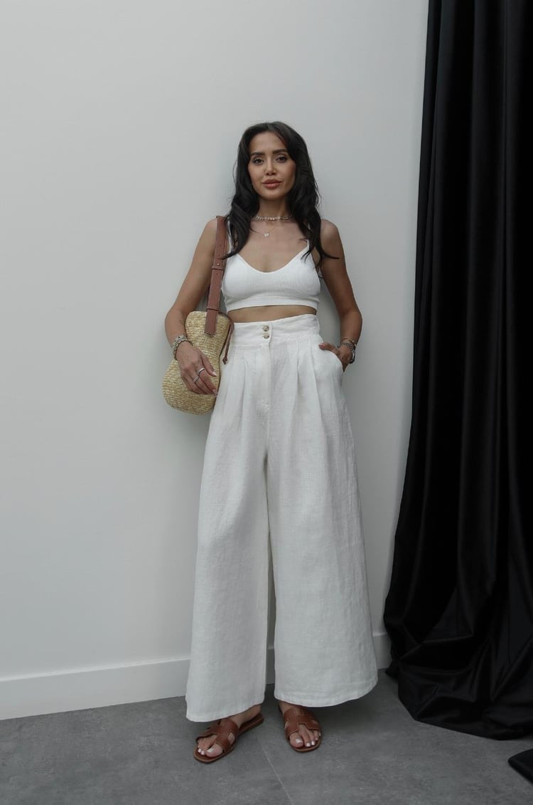 Ekru Beli Çift Düğmeli Keten Pantolon