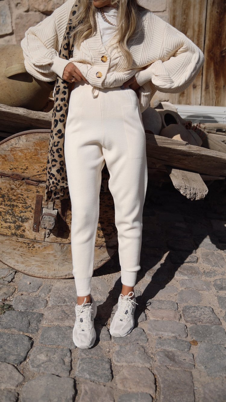 Ekru Beli İpli Triko Pantolon