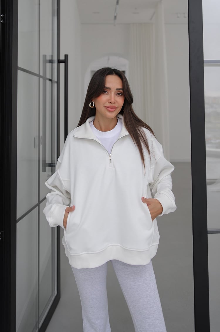 Ekru Collar Fermuarlı Dik Yaka Sweatshirt
