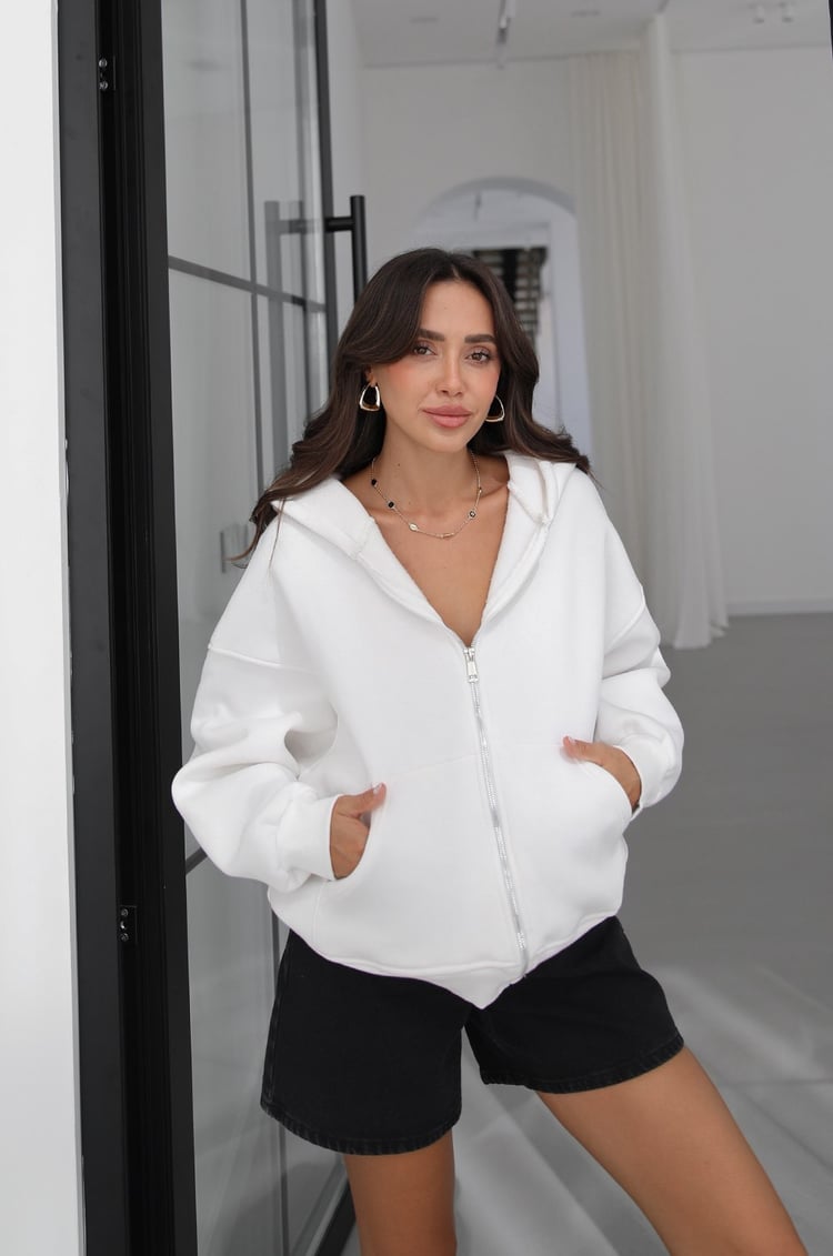 Ekru Fermuarlı Kapüşonlu Sweatshirt