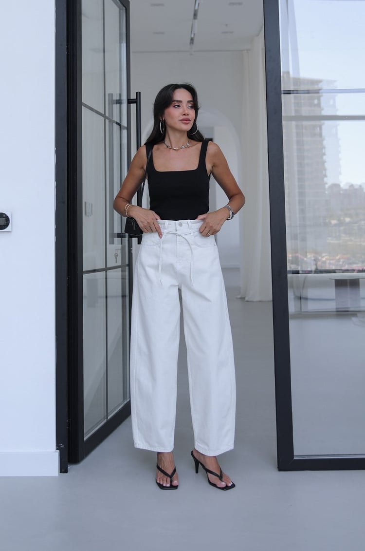 Ekru İp Kemerli Mom Jean