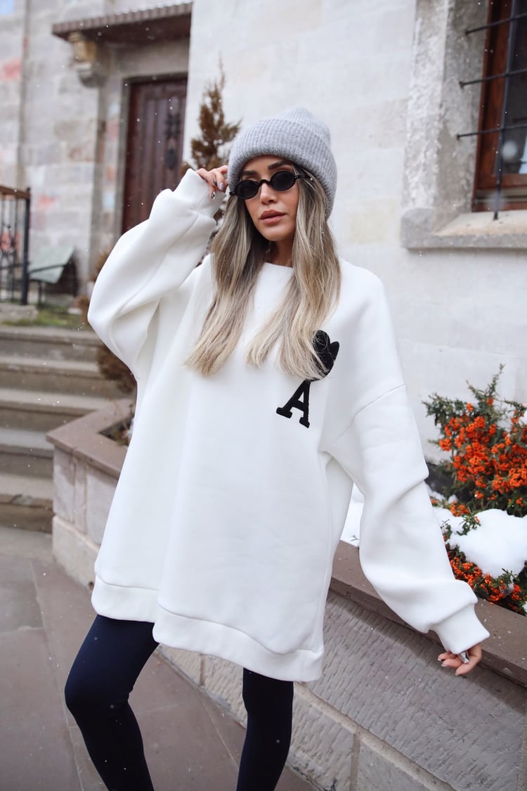 Ekru Kalp A Baskılı Sweatshirt