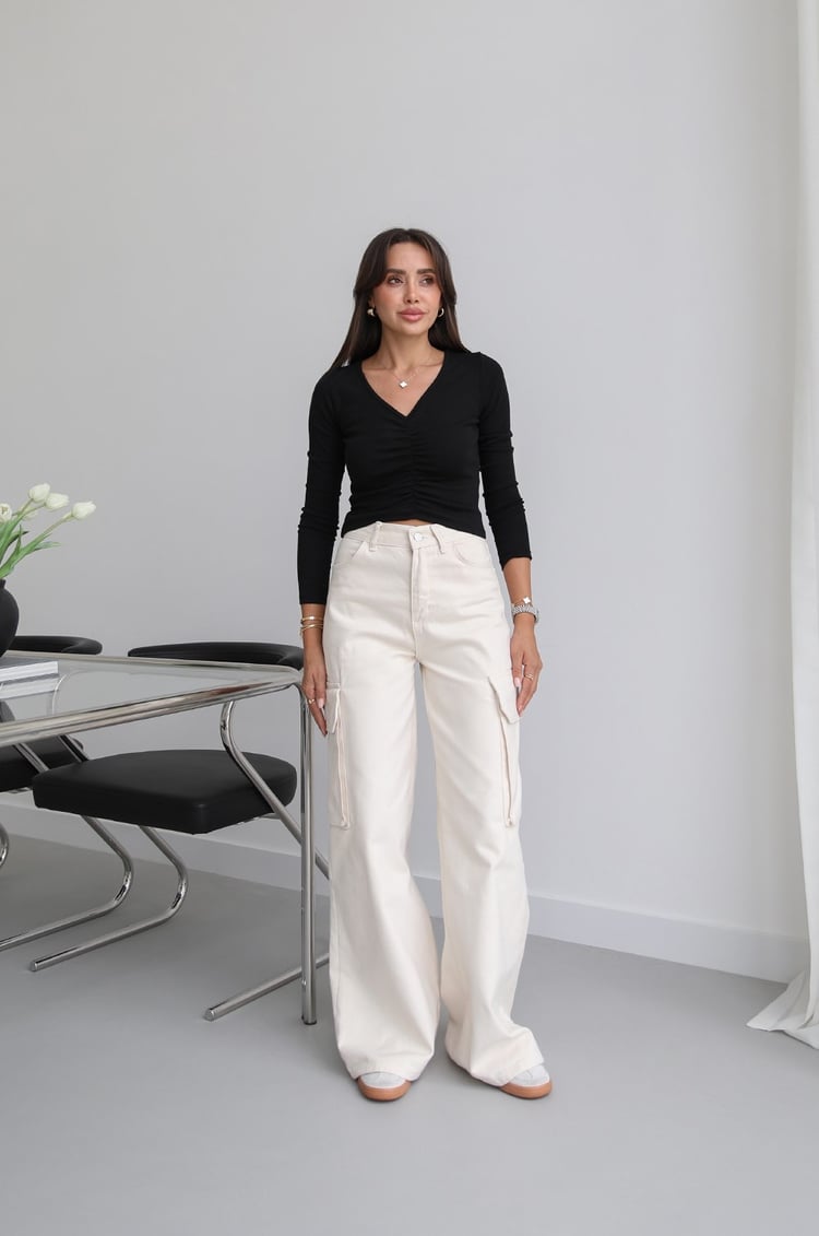 Ekru Kargo Cepli Wide Leg Jean