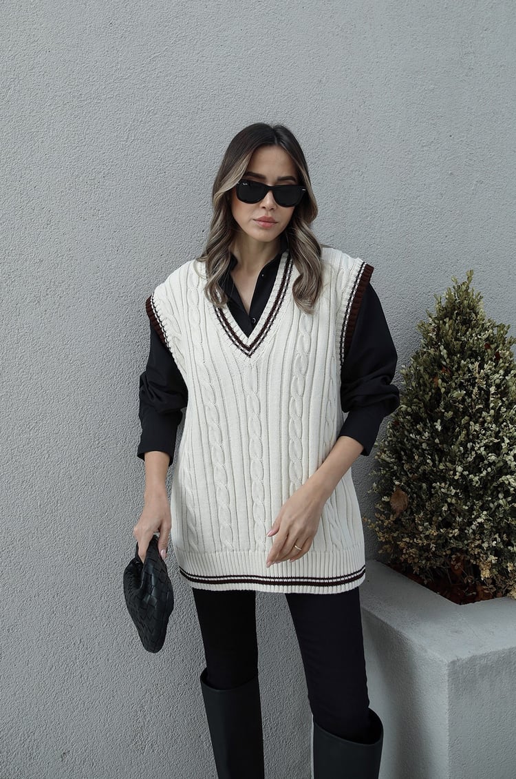 Ekru Saç Örgü Desenli Süveter