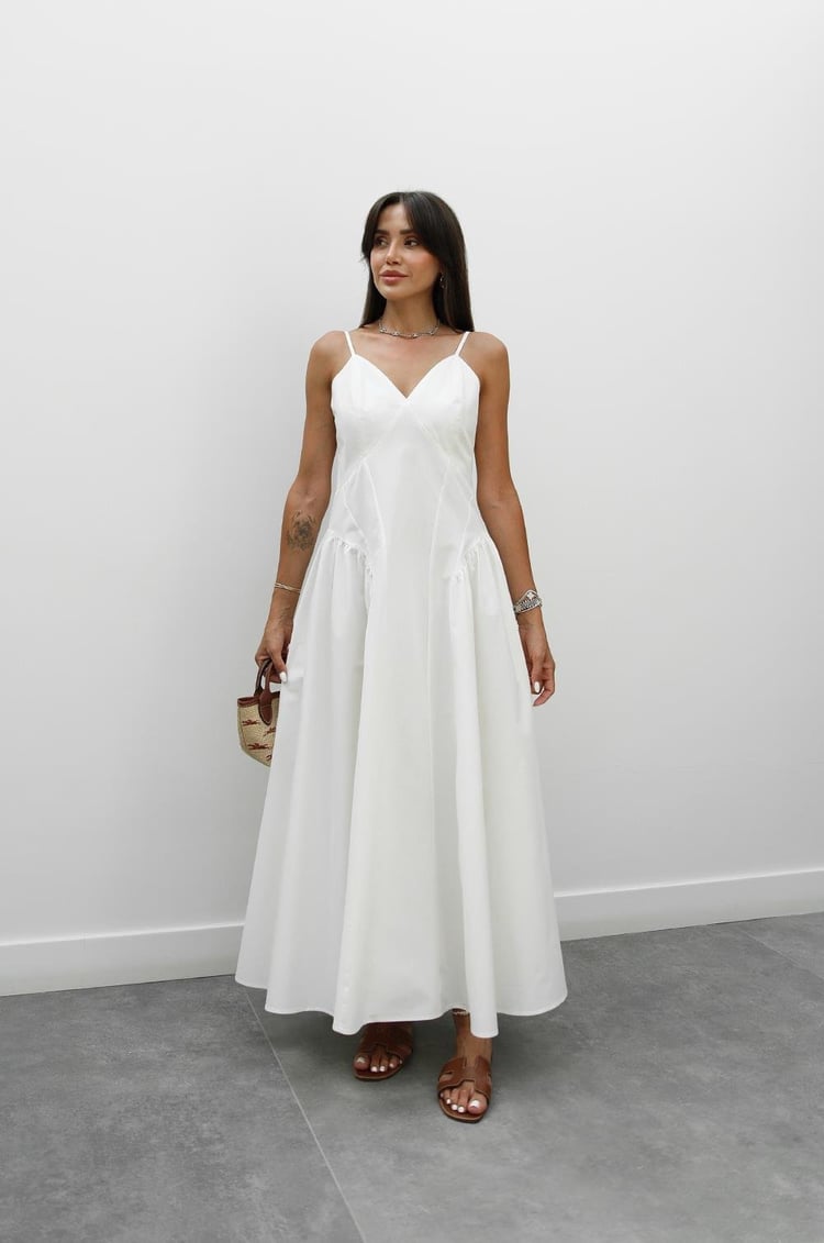 Ekru Solene Pamuklu Midi Elbise