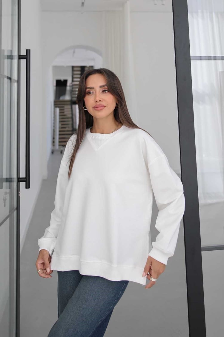 Ekru Yanları Yırtmaçlı Oversize Sweatshirt