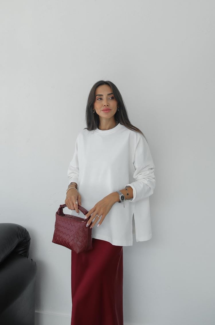 Ekru Yırtmaçlı Oversize Sweatshirt