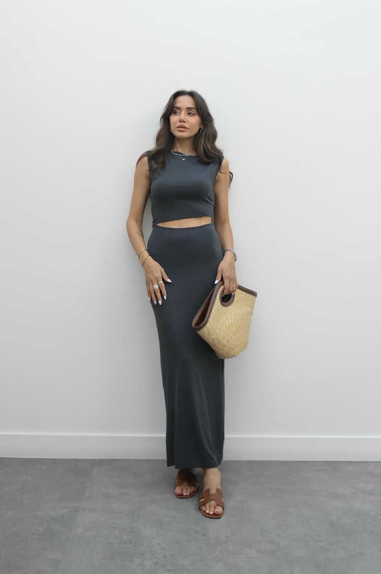 Füme Bel Dekolteli Viskon Elbise